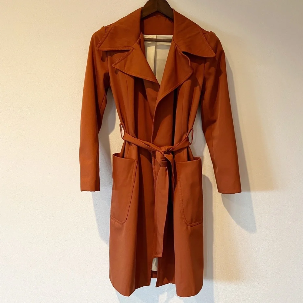 Vintage Handmade Open Front Belted Trench Lined Large Lapels - Picture 2 of 10